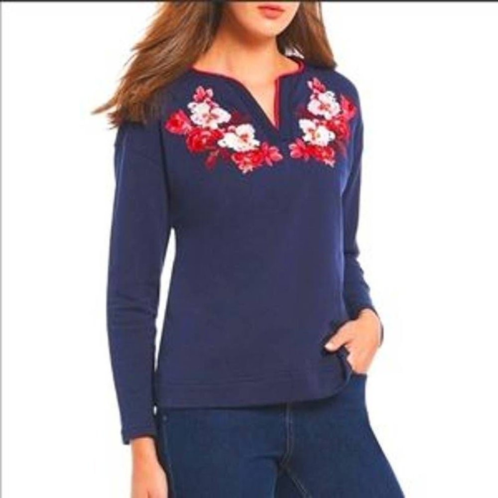 Joules Navy Embroidered Floral Long Sleeve Pullover Top XL
